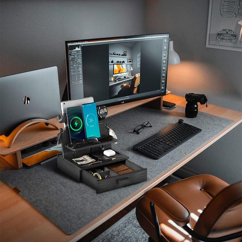 Black Wood Phone Docking Station - Nightstand Organizer for 3 Phones with Drawer for Valuables, Apple Watch Compatible