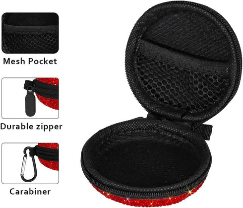 SAVORI Earphone Case - Bling Rhinestone Crystal Portable Headphone Organizer Pouch Bag with Carabiner, 1 Pack (Red)