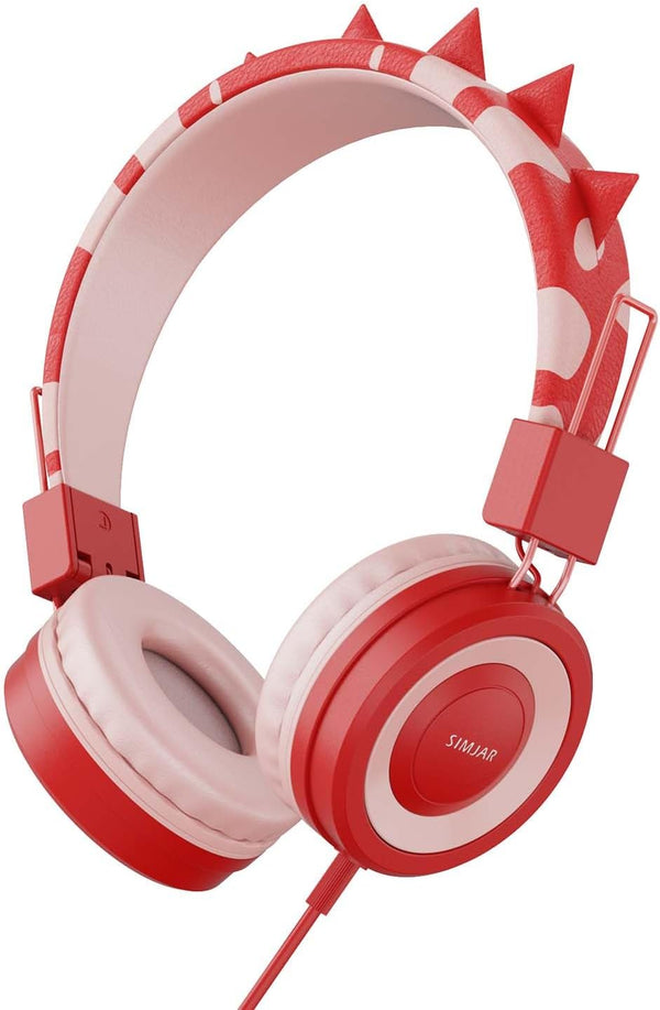 SIMJAR Kids Headphones - Dinosaur Design, Over-Ear, Foldable, Wired, Volume Limiter 85/94dB, Microphone, Red. Perfect