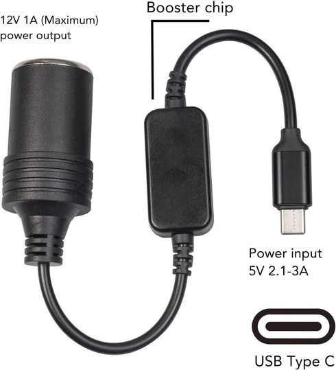 USB C to 12V Car Cigarette Lighter Socket, 30cm/11.8in Type C Male Plug to Adapter Cable for Car Devices