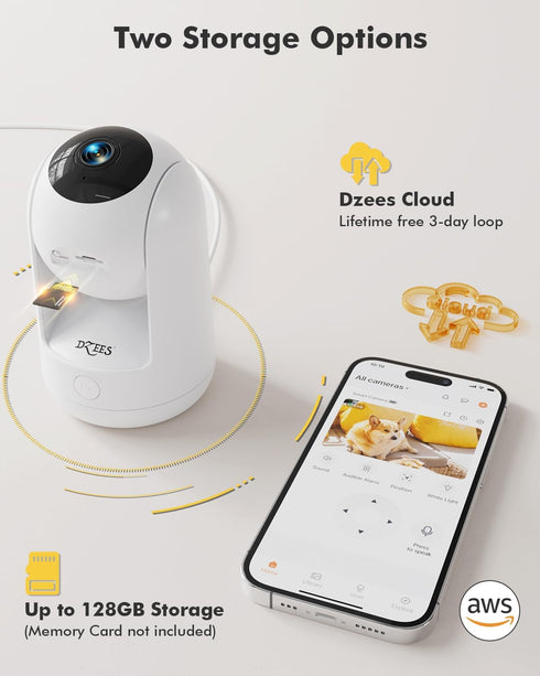 Dzees 2K Indoor Security Pet Camera, No Subscription, 360° WiFi with MagicPix Night Vision, 2-Way Audio, Motion Tracking