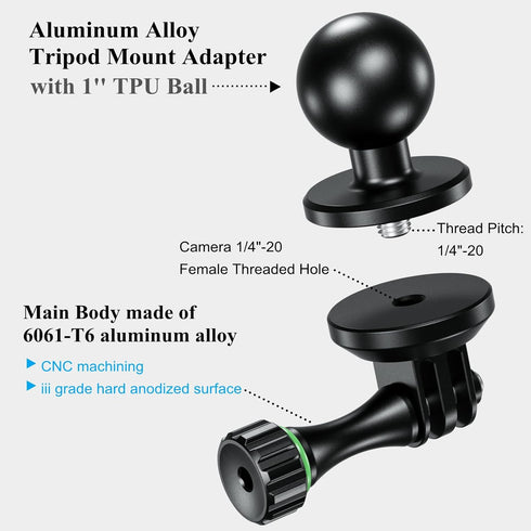 BRCOVAN Aluminum Alloy Tripod Mount Adapter with 1'' Ball & Camera 1/4"-20 Thread, Compatible with RAM Mounts B Size 1 Inch Ball Double Socket Arm, Suitable for Action Camera/Camcorder/Field Monitor