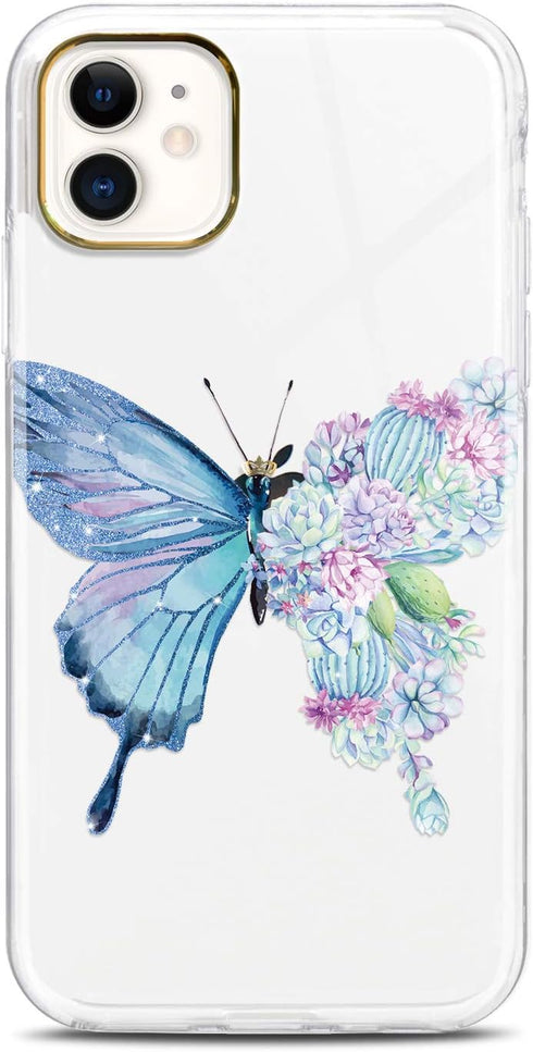JAHOLAN Compatible iPhone 11 Case - Purple Glitter Sparkle Butterfly Design, Clear Shockproof TPU