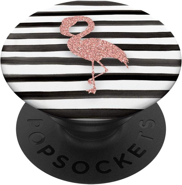 Pink Flamingo on White Black Stripe Pattern PopSockets PopGrip: Swappable Grip for Phones & Tablets