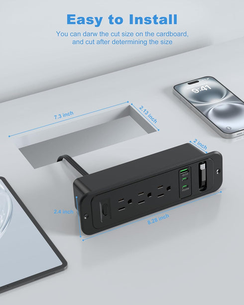 Jgstkcity Cable,2 20W Countertop Table,3 6FT-20W Recessed Power Strip with Retractable USB C PD USB C,Flush Mount
