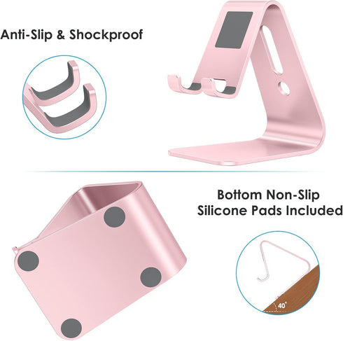 OMOTON Desktop Cell Phone Stand, Aluminum Holder for Mobile Phone and Tablet, Rose Gold