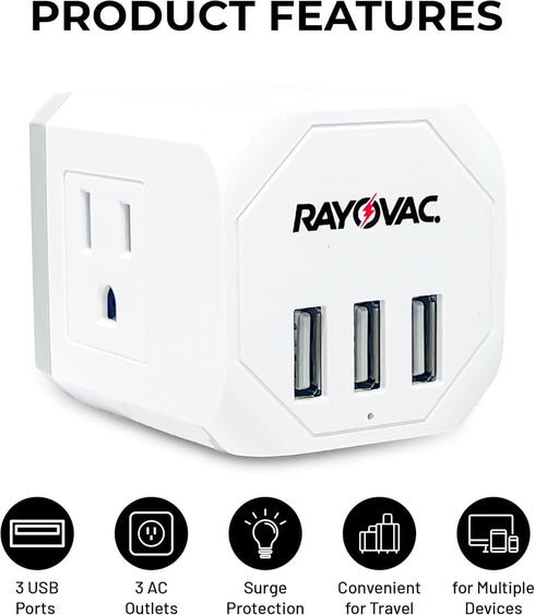 Rayovac Three Sided Surge Protector Cube with 3 Outlets & USB Ports (Smart 3A Total) ETL Certified Adapter for Home, School, or Office