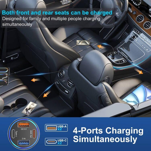 65W 4-Port USB C Car Charger Fast Charging, iPhone 15/15 Pro Max Adapter with 6FT USB C to C Cable