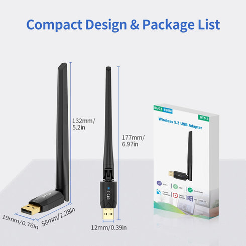 Long Range USB Bluetooth 5.3 Adapter, 150M Wireless Dongle for PC Desktop, Windows 11/10/8.1, Plug n Play