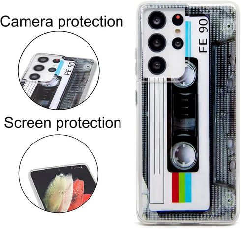 FAteam Case for Galaxy S21 Ultra 5G, Shockproof Scratchproof TPU Soft Bumper Retro Cassette Tape Case