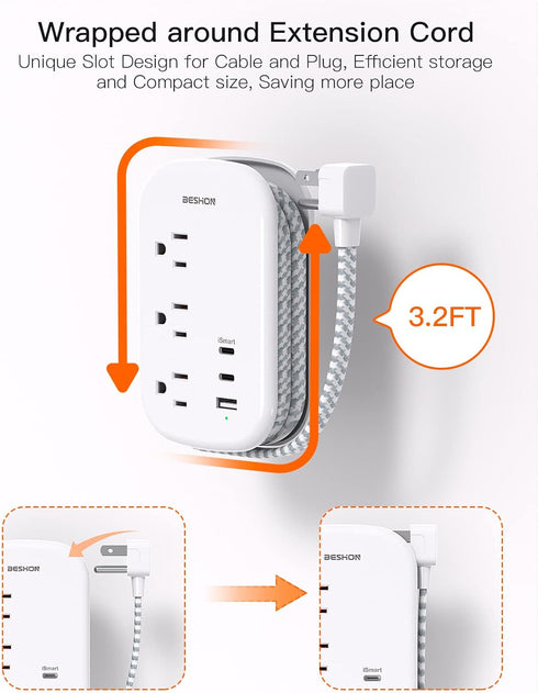 BESHON Flat Plug Power Strip with 3 Outlets and 3 USB Ports (2 USB C), 3.2ft Wrapped Extension Cord for Travel