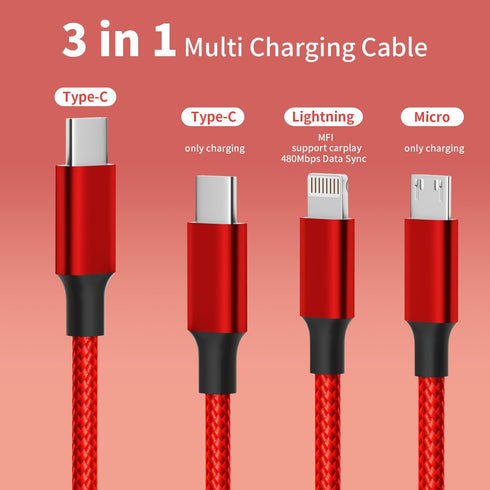 USB C Multi Charging Cable, 2 Pack 4FT, 3 in 1 Nylon Braided Universal Charging Cable for iPhone 16/15 Series & Other