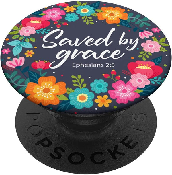 PopSockets Swappable PopGrip - Saved By Grace Pink Blue Christian Bible Verse for Women