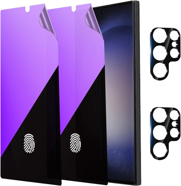 2 Pack Anti-Blue Privacy Screen Protector for Samsung Galaxy S24 Ultra, Support Finger Unlock + Camera Lens Protector