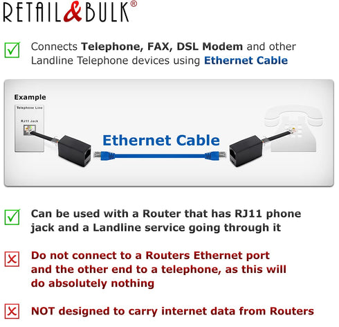 2-Pack RJ11 to RJ45 Adapter, Phone Line to Ethernet for Landline, Fax, DSL Modem Connection (Black, Made in USA)