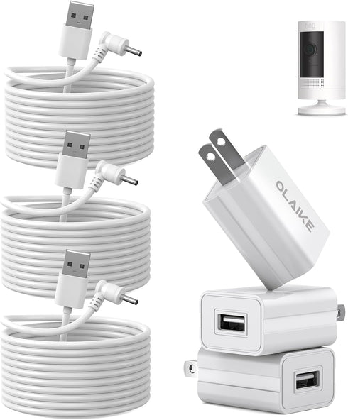 OLAIKE 3 Pack 5m/16ft Charge Cable for Ring Stick Up Cam Battery/Plug-in 3rd Gen, Weatherproof Power Adapter (White)