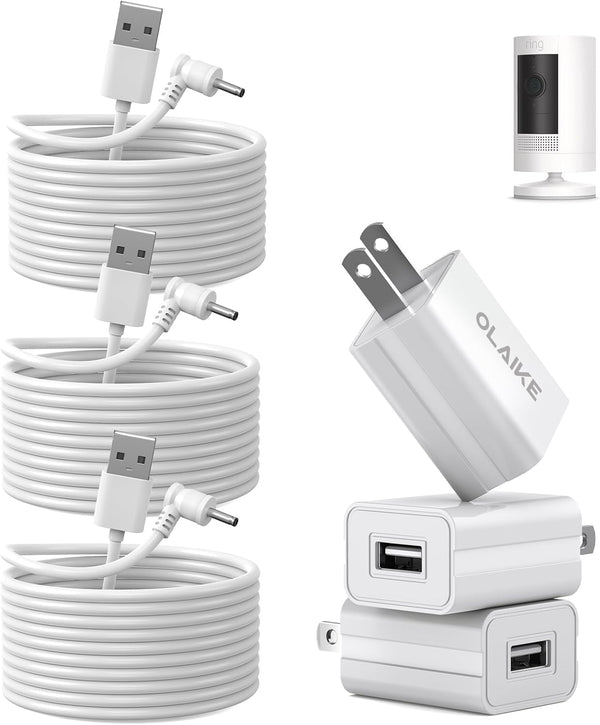 OLAIKE 3 Pack 5m/16ft Charge Cable for Ring Stick Up Cam Battery/Plug-in 3rd Gen, Weatherproof Power Adapter (White)