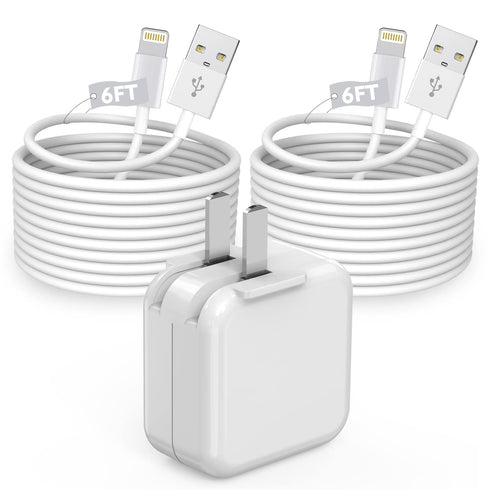 12W USB Power Adapter & 2Pack MFi Certified 6FT iPad Charging Cords for iPad 4-9, Mini 1-5, Air 1-3, iPhone.