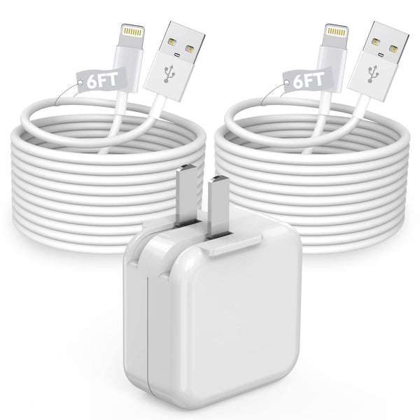 12W USB Power Adapter & 2Pack MFi Certified 6FT iPad Charging Cords for iPad 4-9, Mini 1-5, Air 1-3, iPhone.