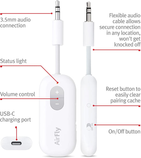 Twelve South AirFly SE Bluetooth Wireless Audio Transmitter Receiver for AirPods, Use with Any 3.5 mm Audio Jack