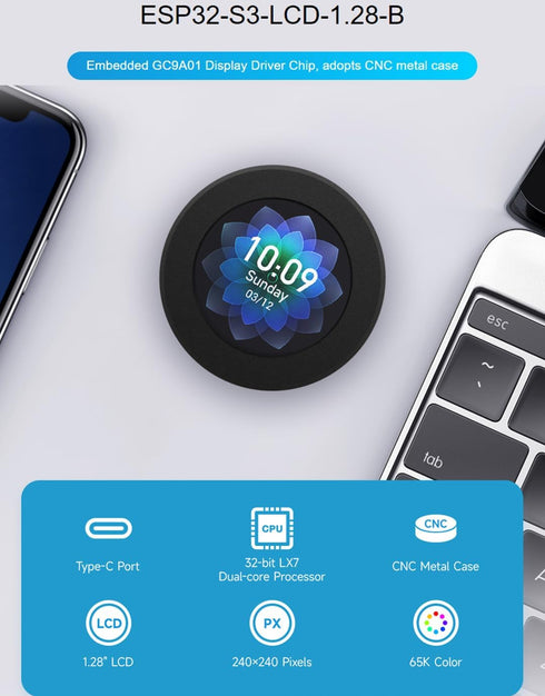 ESP32-S3 Development Board with 1.28inch IPS Round LCD 240x240 Resolution and with CNC Metal Case, 32-bit LX7 Dual-Core Processor, Integrates GC9A01 Display Driver Chip, Supports W-i-F-i/Blue-Too-th by Wonrabai