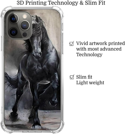 Black Horse Case for iPhone 13 Pro, Unique Trendy TPU Bumper Cover for Girls Boys Women Men, Cool Animal Cover