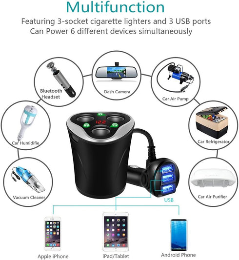 3 Socket Cigarette Lighter Splitter Power Adapter + 3 USB Car Charger 120W 12V/24V DC Outlet with Volt Meter for Cell