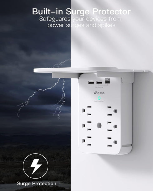 Wall Outlet Extender with Surge Protector, 6 AC Outlets, Shelf, 2 USB & USB C Charging Ports