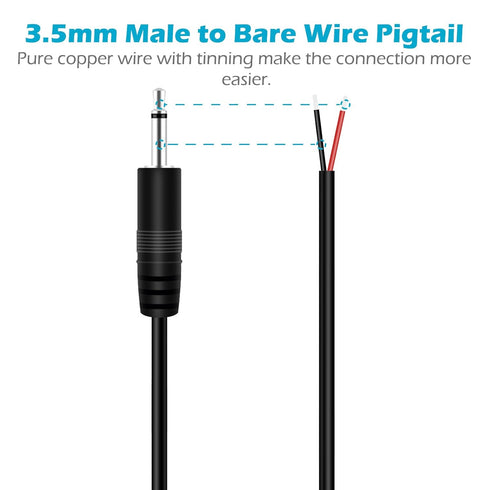 Fancasee 6FT 3.5mm to Speaker Wire TS Mono Male Plug to Bare Wire Pigtail Adapter for Audio Repair