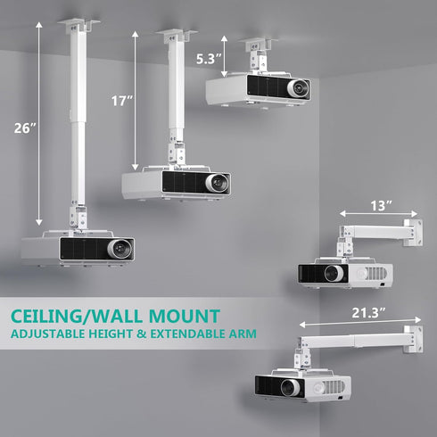3-in-1 44lbs (PM-003-W), WALI Projector Mount Ceiling/Wall - Universal Bracket with Extension Pole, Height Adjustable