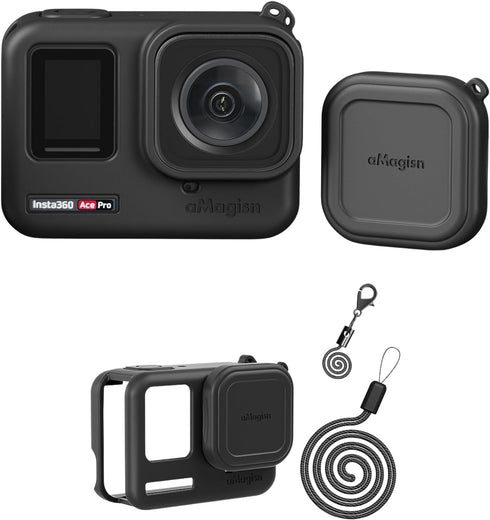 Silicone Case Lens Cap for Insta360 Ace Pro, ShockProof with Anti-Lost Strap and Lanyard, Black