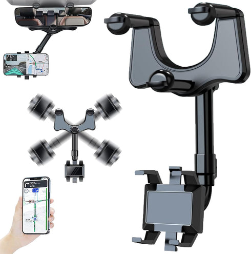 Maxicea Phone Holder for Rear View Mirror, 360° Adjustable Car Mount for Phone and GPS Holder