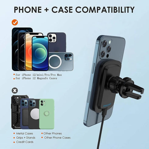 Magnetic Wireless Car Charger with 5W, 7.5W, 10W, 15W Output, Dashboard and Air Vent Phone Holder Charger (Black)