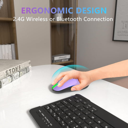 FUWANG Wireless Mouse, Rechargeable LED Bluetooth Mouse, Portable USB Optical 2.4G Wireless Computer Mice (Purple)