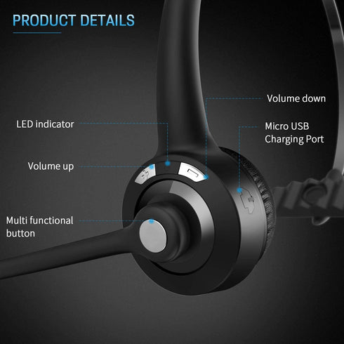 Wireless Headphones, Pro Trucker Headset, Wireless Over Head Earpiece for Truck Driver, Phones, Call Center