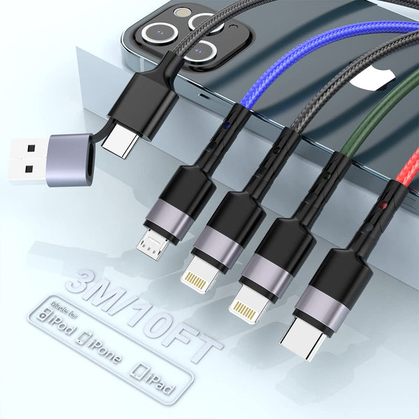 10 Ft USB C Multi Fast Charging Cable Universal USB Cellphone Cables 4 in 1 Charging Cord with Lightning*2+Type C