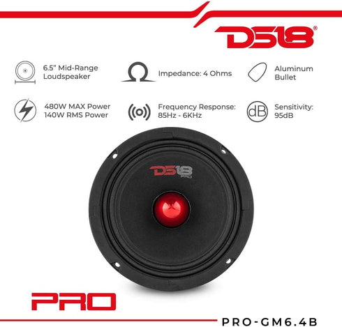DS18 PRO-GM6.4B Midrange Loudspeaker 6.5" Red Aluminum Bullet, 480W Max, 4 Ohms, Premium Quality Audio Speaker