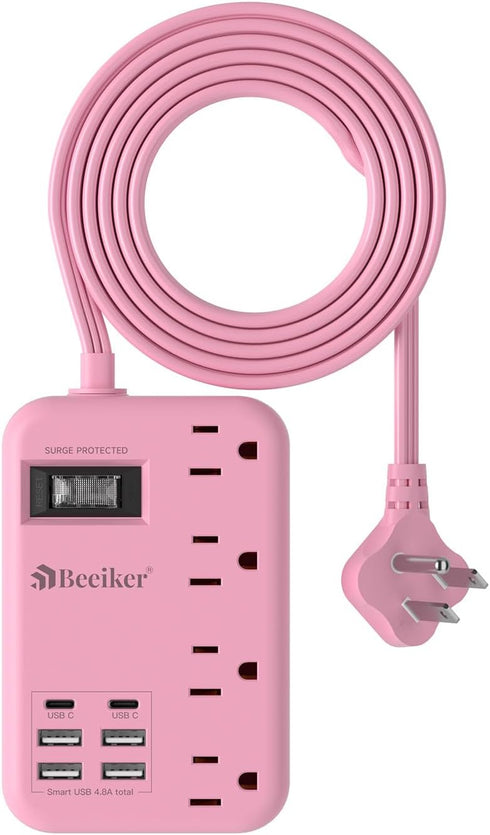 Beeiker 6 USB(2 USB C) Pink Extension Cord- 5Ft Travel Power Strip with