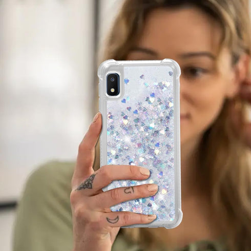 Samsung A10E Case: Clear Glitter Shockproof Phone Cover with Flowing Liquid Quicksand for Galaxy A10E - Silver
