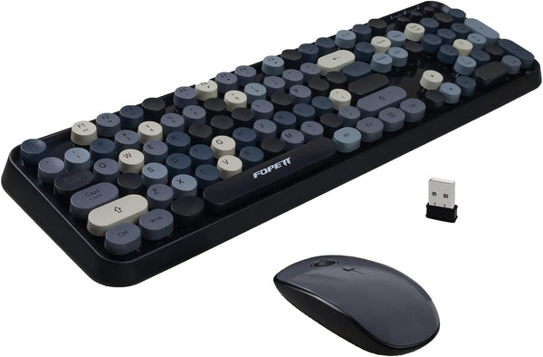 FOPETT Wireless Keyboard and Mouse Combo - 104 Keys Full-Sized 2.4 GHz Round Keycap Colorful Keyboards, USB Receiver