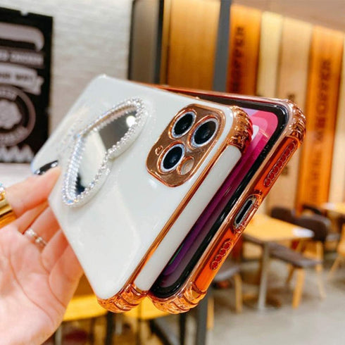 Luxurious Bling Heart-Shaped Makeup Mirror Mobile Phone Case for iPhone 14 (14 Pro, Black)