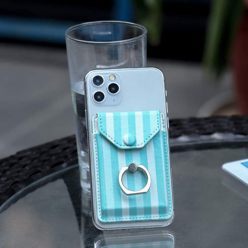 RFID Cell Phone Card Holder Stick on Wallet for Back of Phone, Green Striped for iPhone Android Smartphones