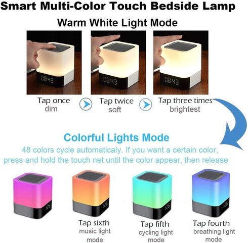 Night Lights Bluetooth Speaker, Alarm Clock Touch Sensor Bedside Lamp, Dimmable Multi-Color Changing, Wireless Speaker