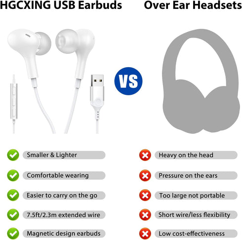 USB Headphone for PC Laptop, Magnetic Wired Earbuds with Microphone Control, Noise Canceling In-Ear Silicone Cap for