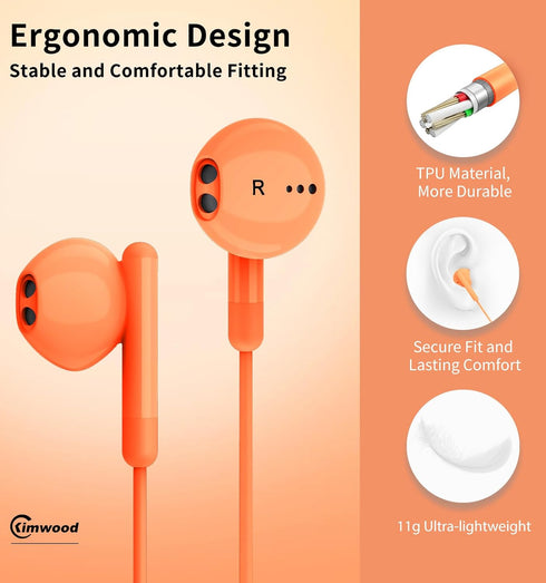 Wired Earbuds with Microphone, HiFi Stereo In-Ear Headphones, Compatible with iPhone, Android, 3.5mm Jack (Orange)