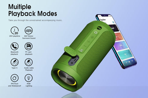 EDUPLINK Bluetooth Speaker, Portable Waterproof IPX7 Speaker, TWS Pairing Stereo, Long Playtime for Home & Travel, Green