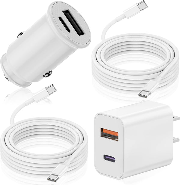Rapid Car Charger for iPhone 15 - 27W 2-Port USB C&A Car Charger with 20W Wall Charger, 2-Pack 6Ft USB-C to USB-C
