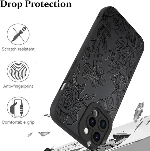 LSL Case for iPhone 12 Pro Max Black Floral Flower Pattern Print Case Soft TPU Full Camera Lens Anti-Drop Anti-Scratch Shockproof Protective Slim Cover for Women Girls