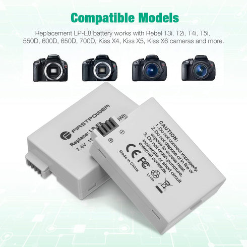 FirstPower 2 Pack LP-E8 Batteries for Canon EOS Rebel T5i, T4i, T3i, T2i, 550D, 600D, 650D, 700D