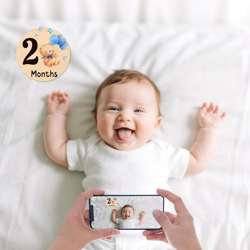 13 Props(0-12 Baby Monthly Milestone Cards - Double-Sided Wooden Milestone Signs Discs with Bear & Star Designs, Little